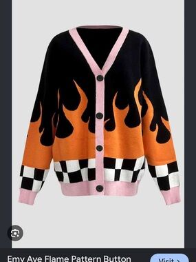 Flame-Pattern Button Cardigan Sweater - Black, Orange & Pink-emy ave